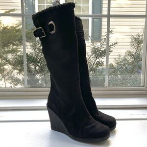 rue21 • Tall Wedge Heel Buckled Zip Up Fleece Lined Black Boots • Size M 7/8
